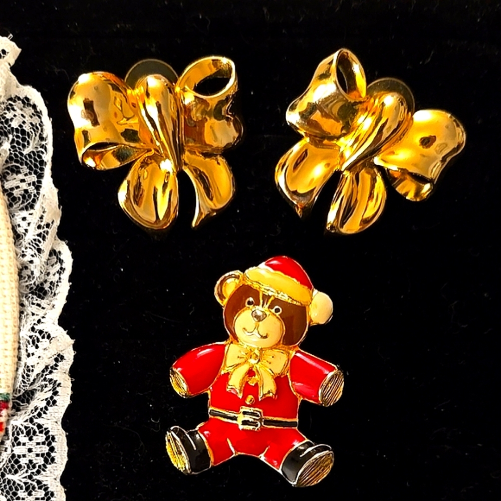 Gold Bow Earrings and Santa Bear Pin